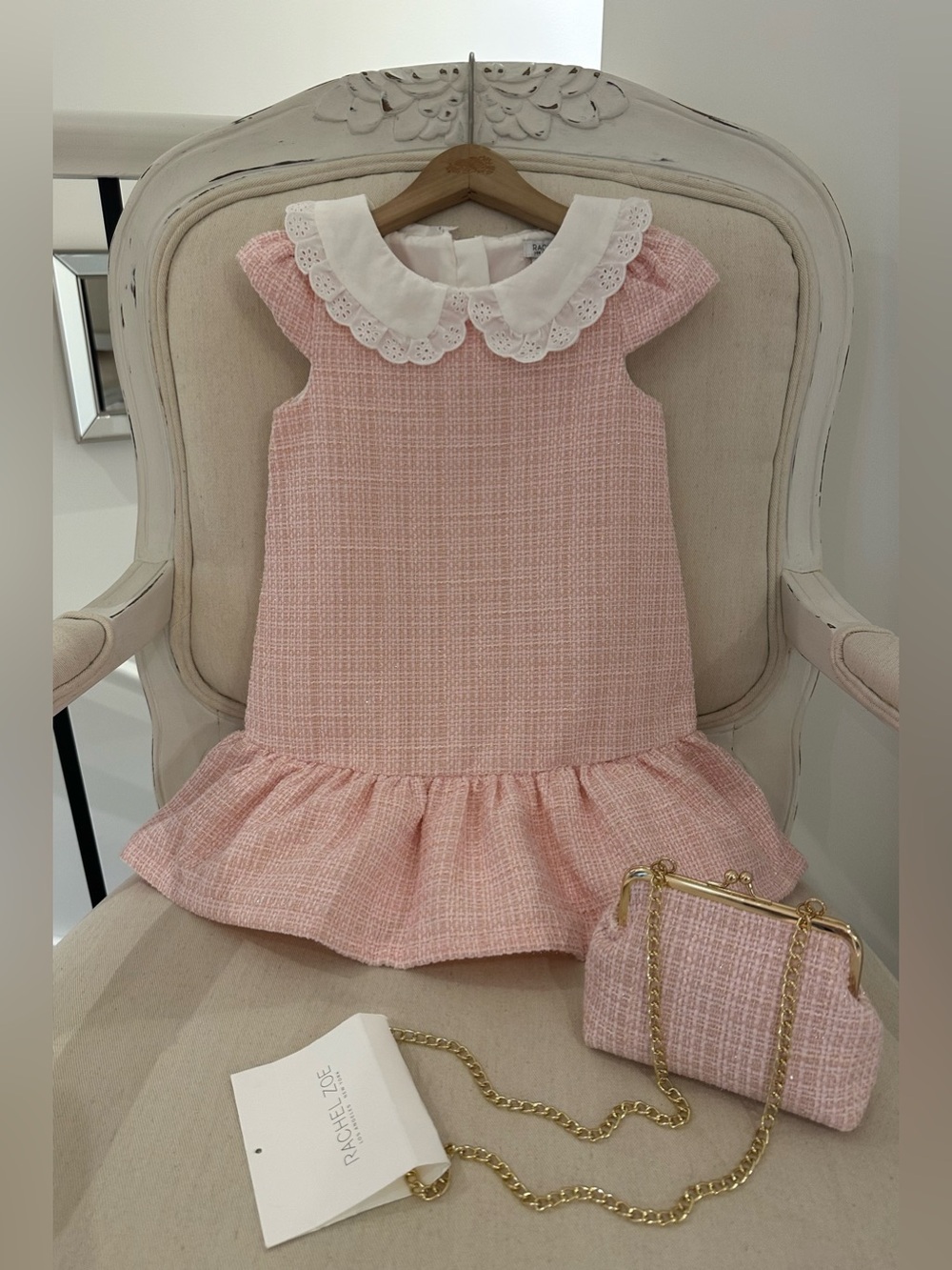 🦢 4T Pink Tweed With Faint Sparkle Dress with White Peter Pan Collar & Purse NWT